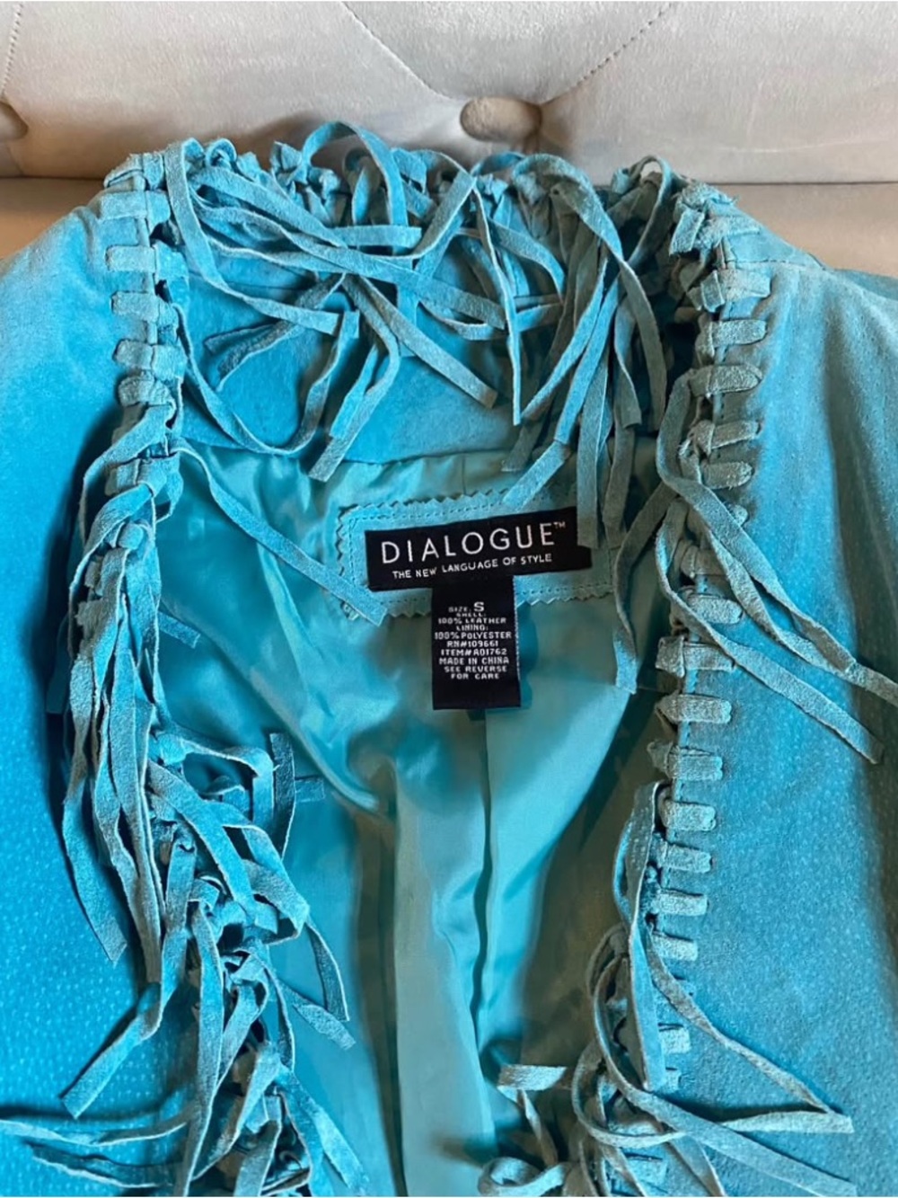 Dialogue Boho or Southwestern Turquoise Color Suede Fringe Open Front Jacket - Picture 2 of 6